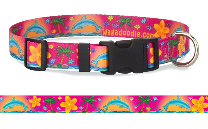 Dolphins and Frangipani Flowers Dog Collar on Pink