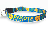Hibiscus & Palm Fronds Blue Personalized Dog Collar