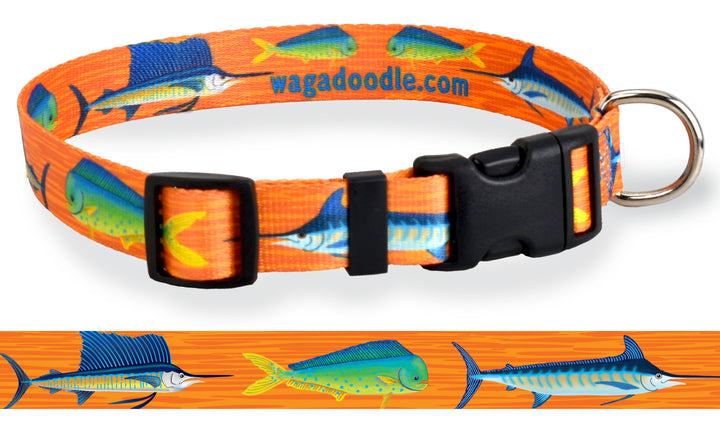 Artwork for Wagadoodle dog collars of a marlin, mahi, dorado, dolphin and sailfish on an orange background that is used to make handmade artistic dog collars in Key West Florida