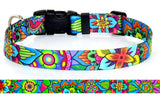 A multi colored bright Personalized  Mandelas Dog collar on a white background with art as a symbol in a dream, representing the dreamer's search for completeness and self-unity
