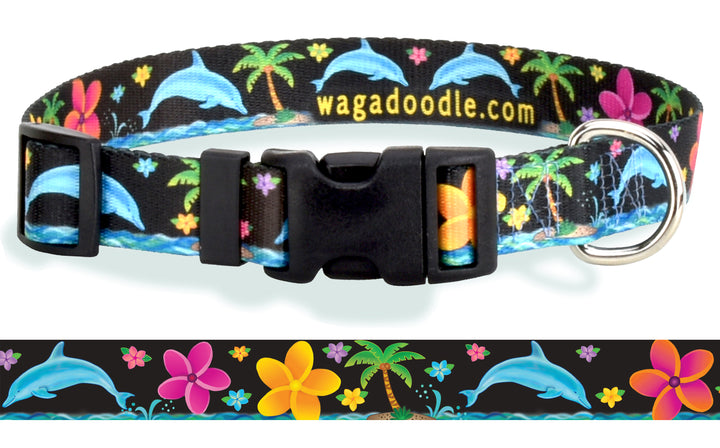 Personalized Key West Dolphins Jumping in the Ocean surrounded by Tropical Frangipani also called Hawaiian Plumeria Flowers with Palm Trees on Black Dog Collar.