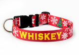 Christmas Trees and Snowflakes Red Personalized Dog Collar
