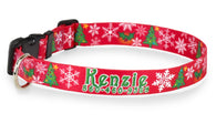 Christmas Trees and Snowflakes Red Personalized Dog Collar