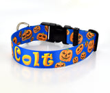 Halloween Pumpkins on Blue Personalized Dog Collar