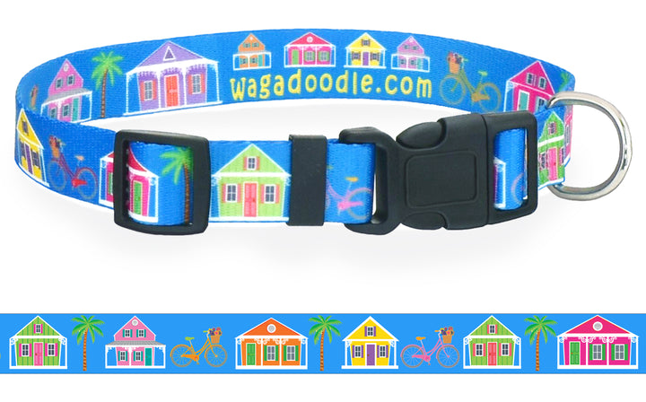 Key West Conch Houses, Bicycles, Palm Trees on Blue Personalized Dog Collar
