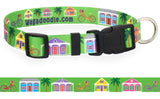 Key West Conch Houses, Bicycles, Palm Trees on Lime Personalized Dog Collar