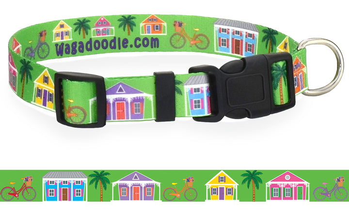 Key West Conch Houses, Bicycles, Palm Trees on Lime Personalized Dog Collar