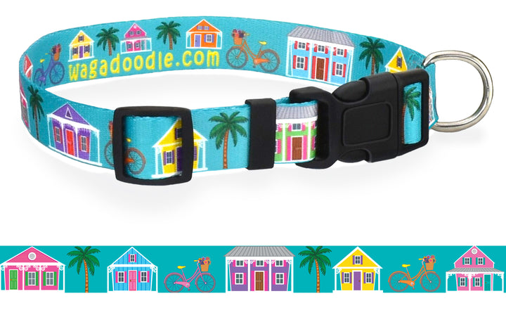 Key West Conch Houses, Bicycles, Palm Trees on Teal Personalized Dog Collar