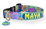 Colorful Hibiscus Teal Personalized Dog Collar