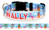 Tropical Christmas Blue Personalized Dog Collar