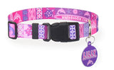 Pink and purple dog collar with a matching tag on a white background