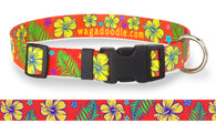 Hibiscus & Palm Fronds Red Dog Collar
