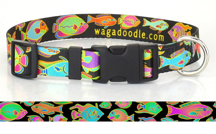 Tropical Reef Fish Black Personalized Dog Collar