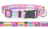 Key West Conch Houses, Bicycles, Palm Trees on Pink Personalized Dog Collar