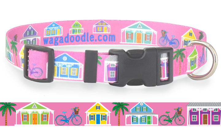 Key West Conch Houses, Bicycles, Palm Trees on Pink Personalized Dog Collar
