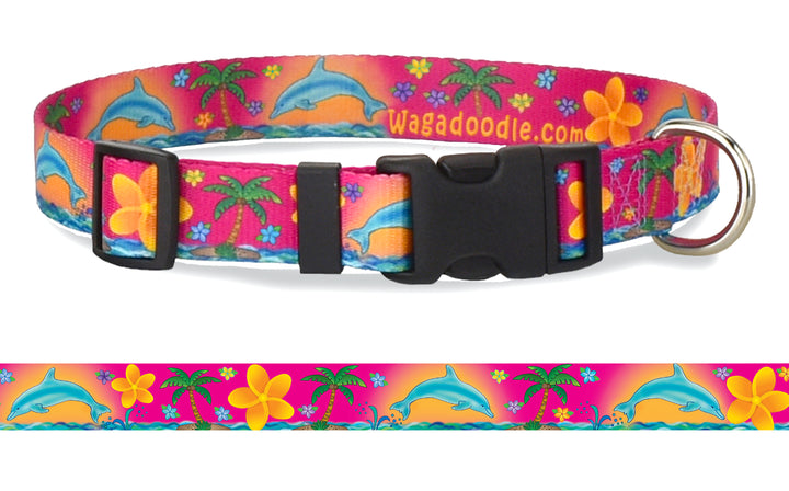 Dolphins and Frangipani Flowers Pink Personalized Dog Collar