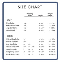 Size chart for all dog collars made by Wagadoodle listing width and lenght followed by a weight range that collar will fit.