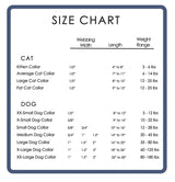 size chart for all the dog and cat collar sizes made by wagadoodle in Key West Florida