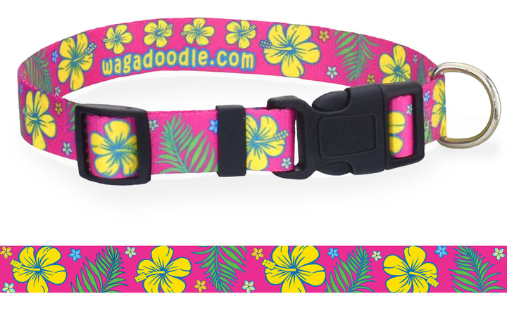 Hibiscus & Palm Fronds Pink Dog Collar