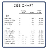 size chart with all sizes of dog and cat collars made by Wagadoodle