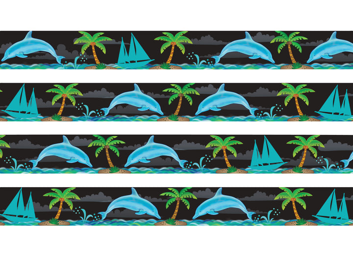 Black dog collar with dolphins jumping, sailboats and palm trees