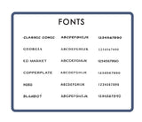 A list of the various fonts or letting styles available to personalize Wagadoodle dog collars with examples of most letters and all ten numerals.