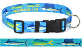 Dog Collar with Mahi Marlin Sailfish showing the grand slam fish of Offshore and Deep Sea Fishing with a blue background Artwork of a marlin, mahi, dorado, dolphin and sailfish on a blue background for wagadoodle dog collars that are handmade in Key West
