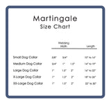Size chart for martingale dog collars made by Wagadoodle with all the webbing widths and collar lengths.