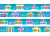 dog collar with key west conch houses in various pastel colors with bicycles and palm trees on a blue background