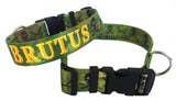 Pirate Skull and Crossbone dog collar design on a green camo background personalized with the dog's name Brutus