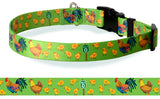 Backside of personalized Dog Collar with Lime green Background with Roosters, Chickens and baby chicks next to mile zero signpost in Key West Florida USA