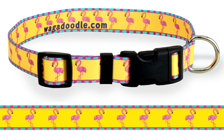 Dog Collar Art from Key West Artist of pink Flamingos on a yellow background surrounded by a pink and aqua border