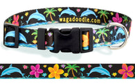 Dolphins and Frangipani Flowers Black Personalized Dog Collar