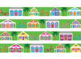 dog collar with key west conch houses in various pastel colors with bicycles and palm trees on a lime green background