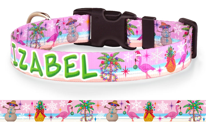 Beachy Christmas Pink Personalized Dog Collar