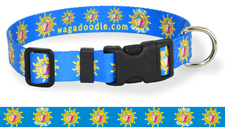 A bright blue dog collar with the seal of the Conch Republic Flag.