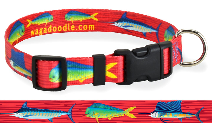 Dog Collar with Mahi Marlin Sailfish showing the grand slam fish of Offshore and Deep Sea Fishing with a red background