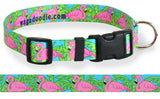 Custom personalized dog collar with a turquoise background and the artwork of palm trees and pink flamingos.