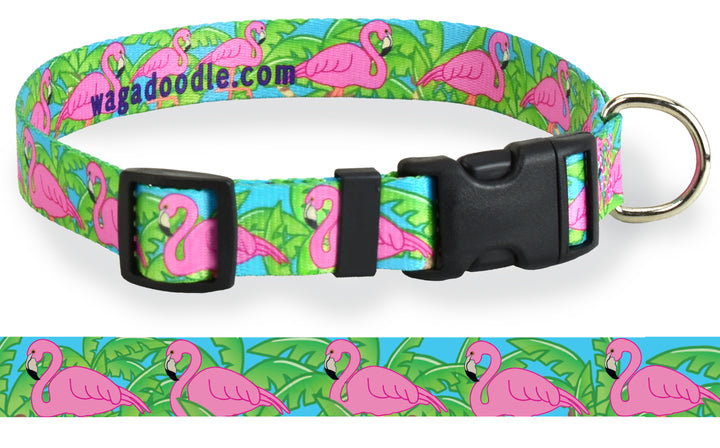 Pink Flamingo & Palm Trees on Turquoise Personalized Dog Collar