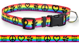 Rainbow Pride LGBTQ Dog Collar with the words Peace Love Paws Key West superimposed on a Rainbow flag back view