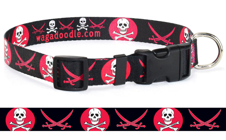 A black dog collar with pirate skulls and crossbone  along with crossed sabers design.