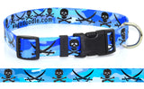 Pirate Skull and Crossbone dog collar design on a blue camo background