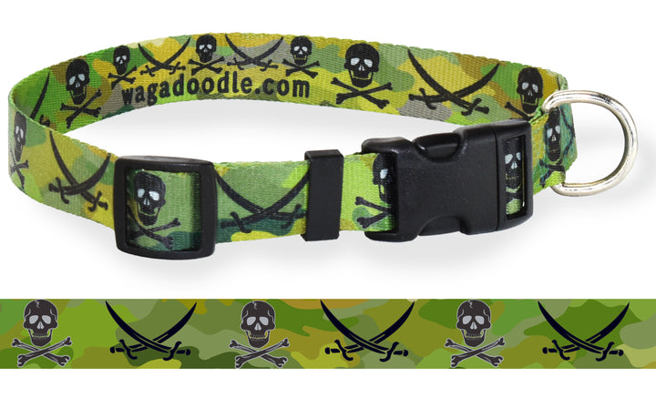 Pirate Skull and Crossbone dog collar design on a Army Green camo background