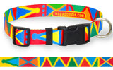 A dog collar in bright and bold primary colors of red, yellow and blues are inspred by a mayan blanket or belt weave.
