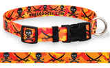 Pirate Skull and Crossbone dog collar design on a orange camo background. 