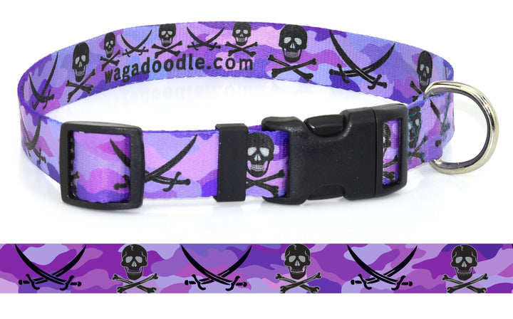 Pirate Skull and Crossbone dog collar design on a purple camo background