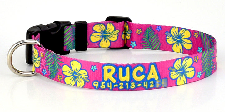 Hibiscus & Palm Fronds Pink Personalized Dog Collar