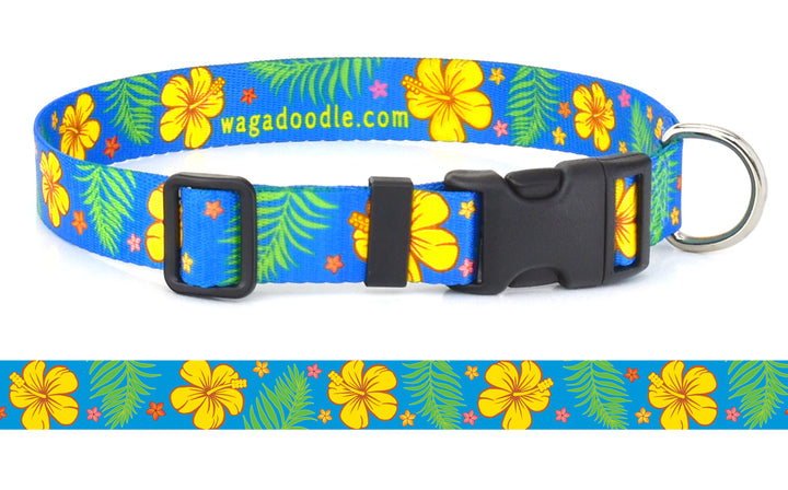 Hibiscus & Palm Fronds Blue Dog Collar