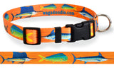 Artwork for Wagadoodle dog collars of a marlin, mahi, dorado, dolphin and sailfish on an orange background that is used to make handmade artistic dog collars in Key West Florida