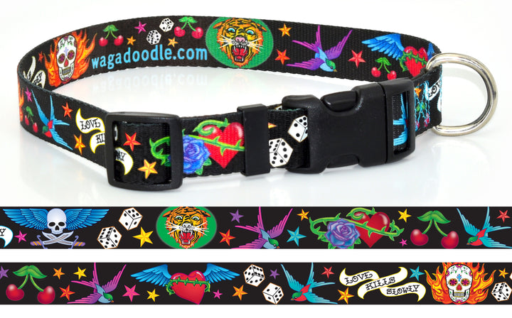 lack dog collar with pirate skulls and crossbone design with space for personalization in keywest